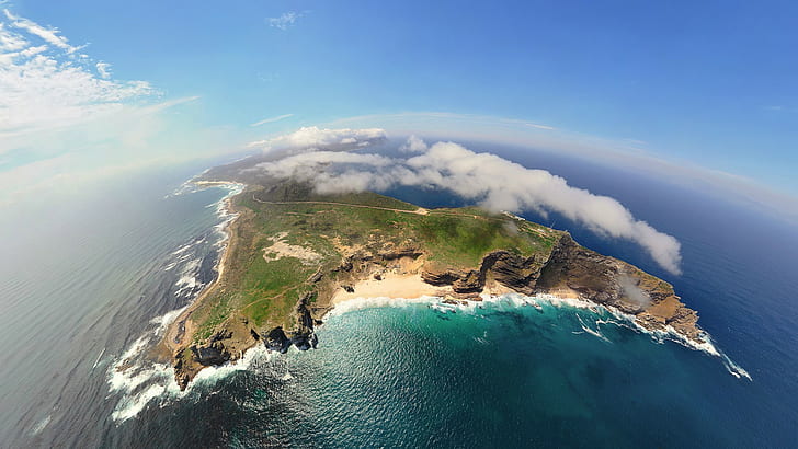 island, mountains, sea, GoPro, waves, landscape, cliff, aerial view