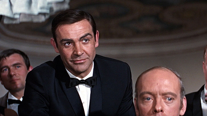 men's black polo shirt, James Bond, Sean Connery, tuxedo, actor