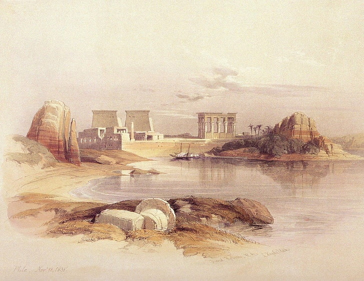 David Roberts, egypt, painting, water, sky, nature, built structure