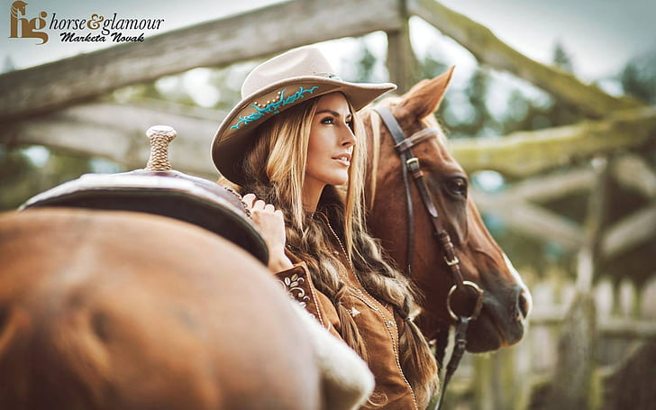 Marketa Novak, hat, animals, horse, women, women outdoors, model, HD wallpaper