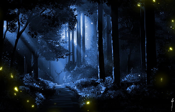 digital, digital art, artwork, forest, nature, lights, night
