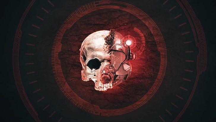 white and red skull digital wallpaper, cyborg skull illustration