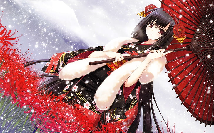 black-haired woman holding red umbrella illustration, anime, kimono