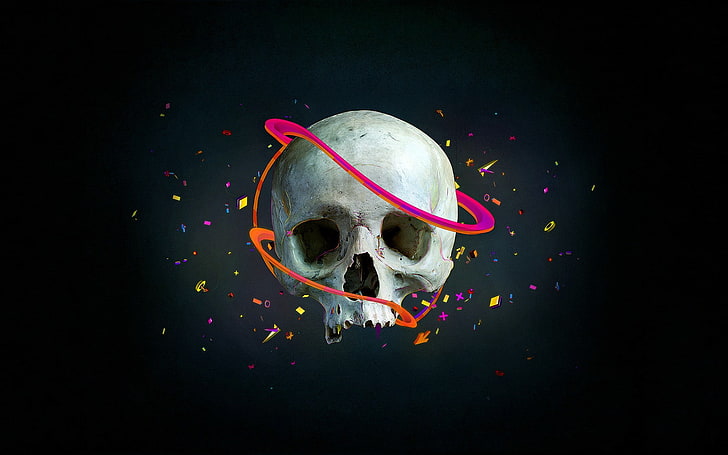 skull, artwork, colorful, digital art, black background, multi colored