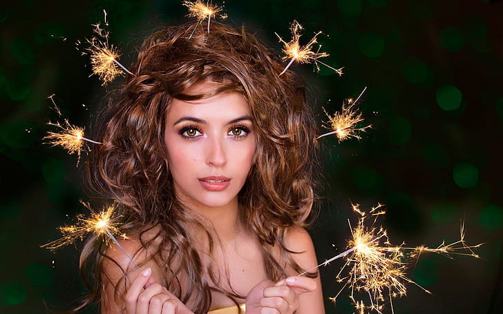 Girl, portrait, sparklers, hairstyle
