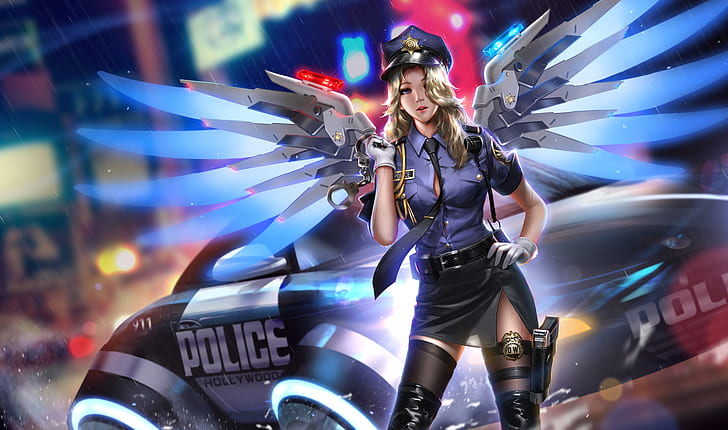 Blonde, digital art, Liang Xing, Mercy (Overwatch), police