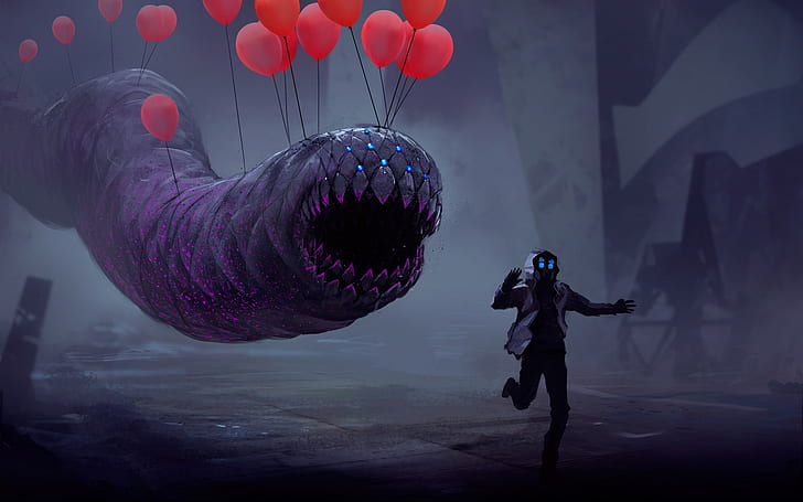 balloon, Vitaly S Alexius, creature, running, Romantically Apocalyptic, HD wallpaper