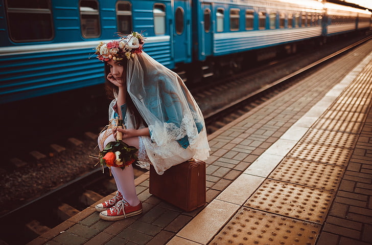 women, train, rail transportation, public transportation, track, HD wallpaper