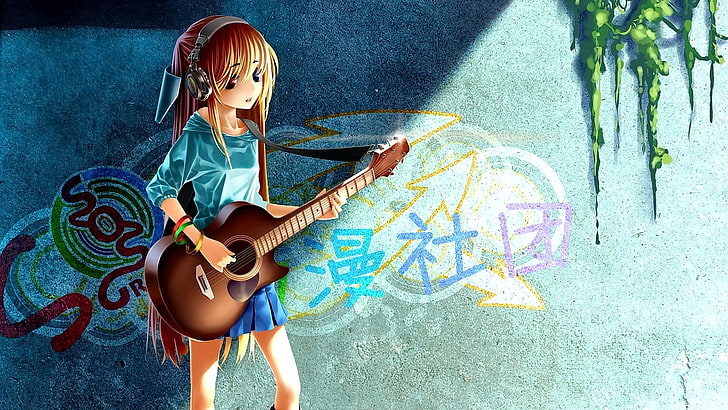 anime, anime girls, blonde, guitar, looking away, long hair