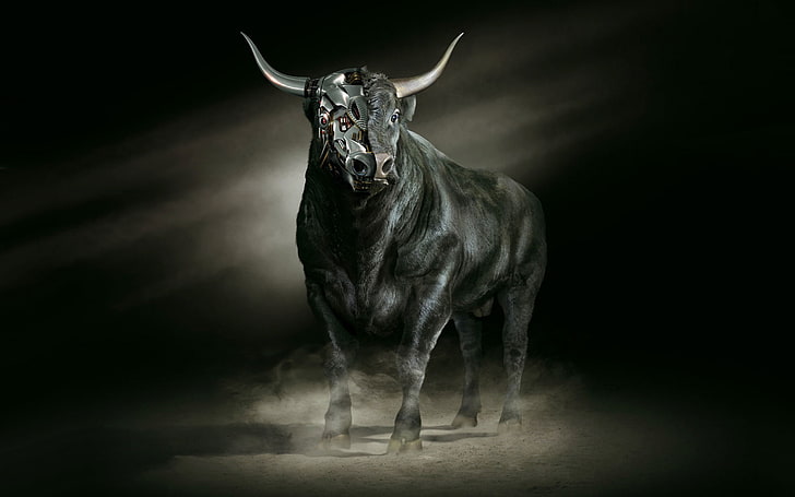 black bull digital wallpaper, look, metal, power, robot, horns