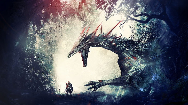 knight standing in front of dragon wallpaper, artwork, fantasy art