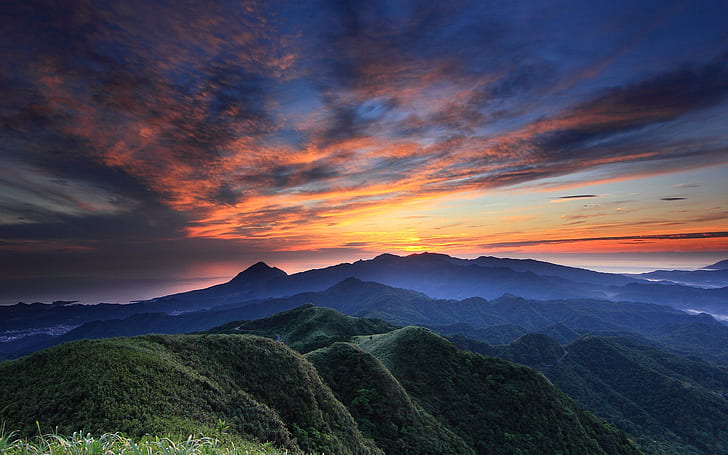 Evening sunset, sky, clouds, hills, forest, grass, beautiful scenery, green mountains, HD wallpaper