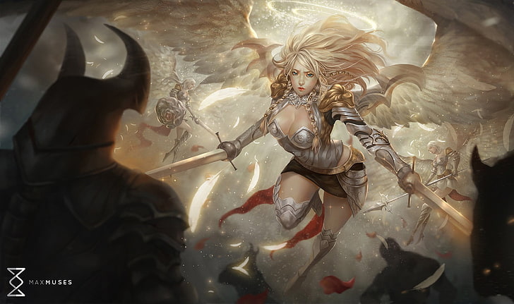 angel with sword illustration, fantasy art, cleavage, human representation