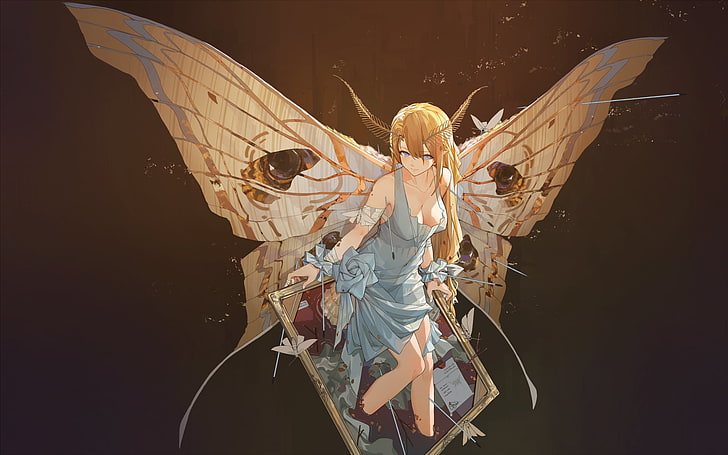 wings, butterfly, anime girls, cleavage, moth, Miv4t, one person, HD wallpaper