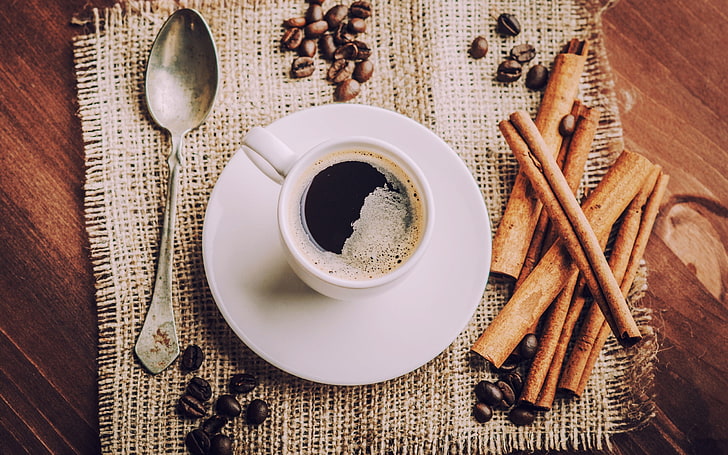 coffee, cup, spoons, food, coffee beans, cinnamon, food and drink, HD wallpaper