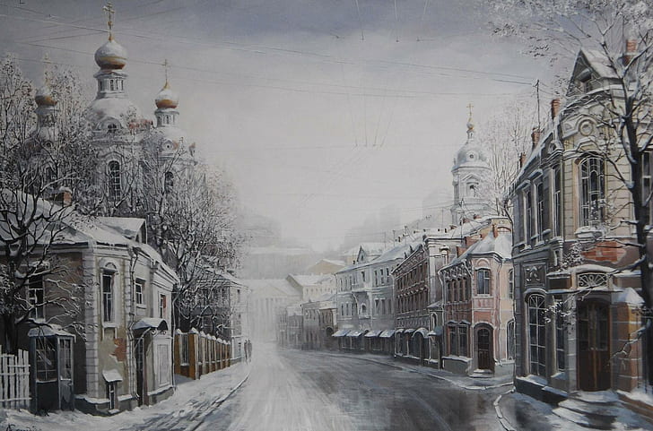 Painting, abstract, snow, street, moscow, winter, painting art, HD wallpaper