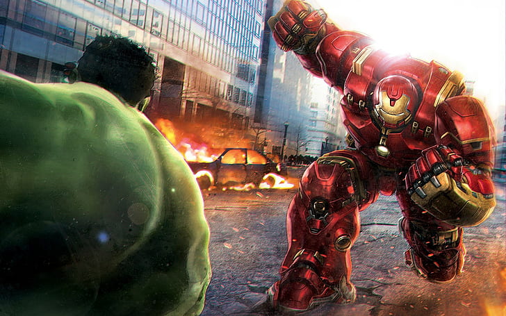 Iron Man, superhero, battle, comics, Hulk, The Avengers, concept art, HD wallpaper