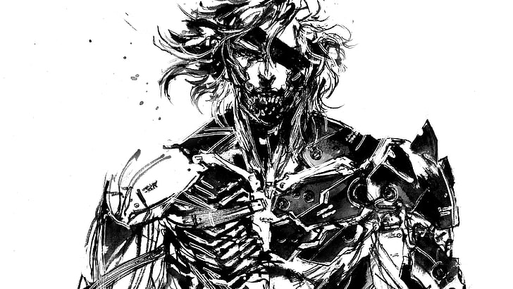 black and white robot man sketch, Metal Gear, Raiden, sketches