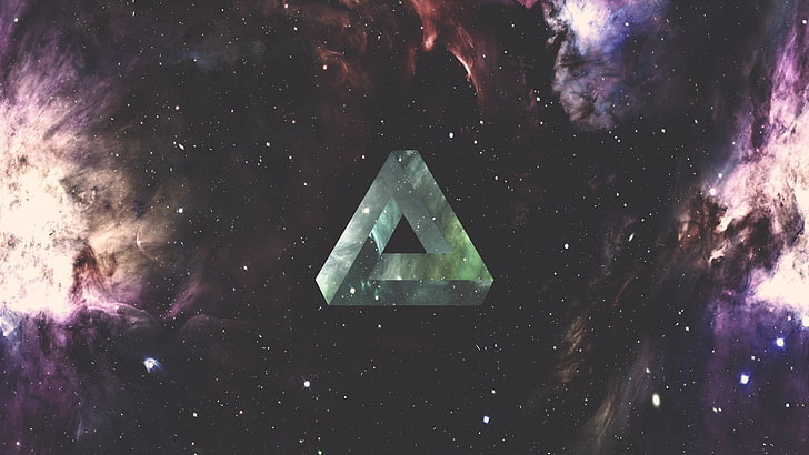 green logo, triangle, geometry, space, nebula, galaxy, Penrose triangle, HD wallpaper