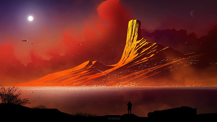 mountain illustration, digital art, mountains, landscape, science fiction