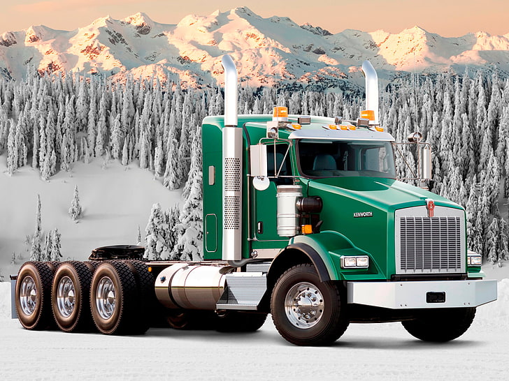 Hd Wallpaper Green Semi Truck Forest Snow Mountains The Front Track Tractor Wallpaper Flare