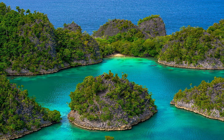 island, sea, landscape, nature, beach, tropical, blue, trees, HD wallpaper