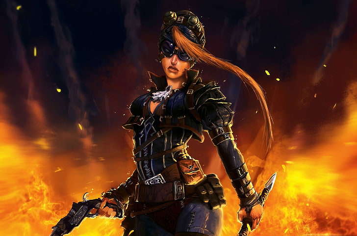 game character wallpaper, girl, gun, weapons, fire, sword, art, HD wallpaper