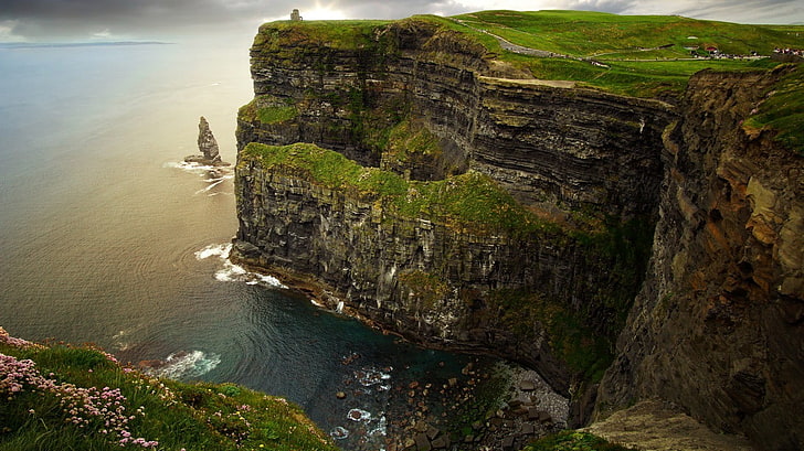 grass covered cliff, sea, rocks, horizon, Ireland, water, beach, HD wallpaper