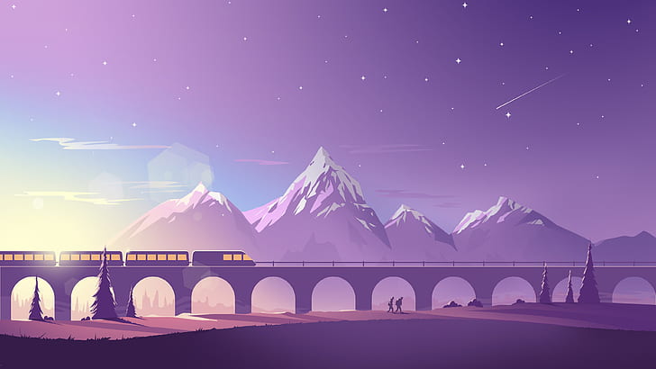 Minimalism, Mountains, Stars, People, Train, Viaduct, Landscape, HD wallpaper