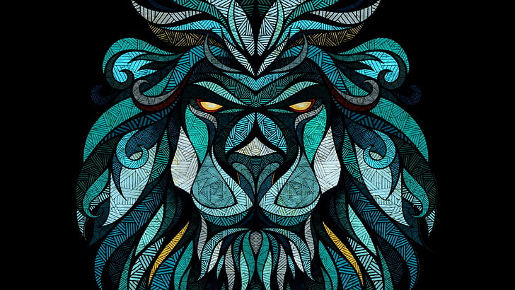 lion, teal, symmetry, illustration, fractal art, graphics, pattern, HD wallpaper