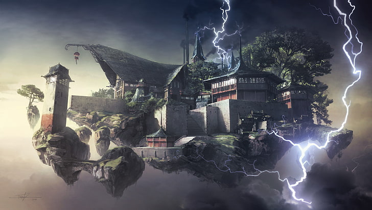 lightning near temple digital wallpaper, fantasy art, digital art