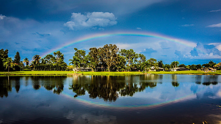 HD wallpaper: rainbow, reflection, sky, nature, water, cloud, tree, lake |  Wallpaper Flare