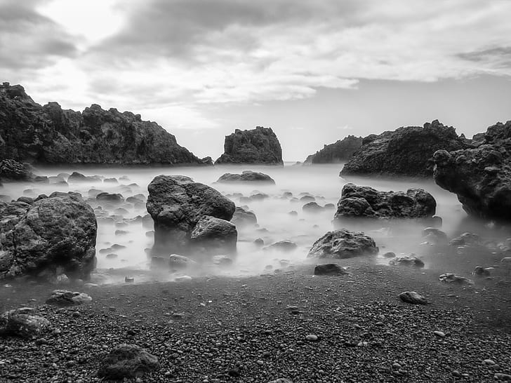 Rocks Stones Ocean BW HD, grayscale photograph of rocks on body of water