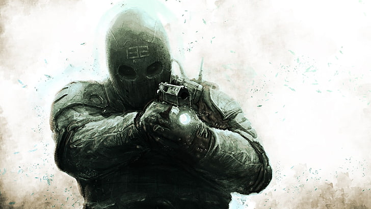 man holding pistol online game wallpaper, gun, mask, artwork