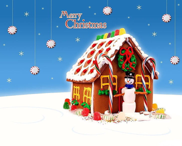 Merry Christmas house and snowman illustration, snowflakes, candy, HD wallpaper