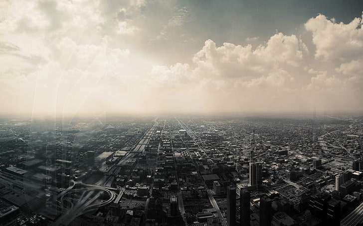 aerial view of buildings, city, cityscape, clouds, Chicago, sky