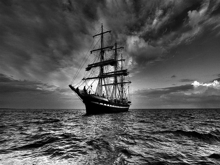 ship illustration, sea, sail, storm, black white, nautical Vessel, HD wallpaper