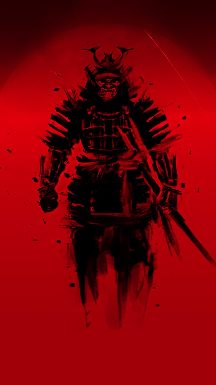 samurai, red, Japan, digital art, smartphone, HD wallpaper