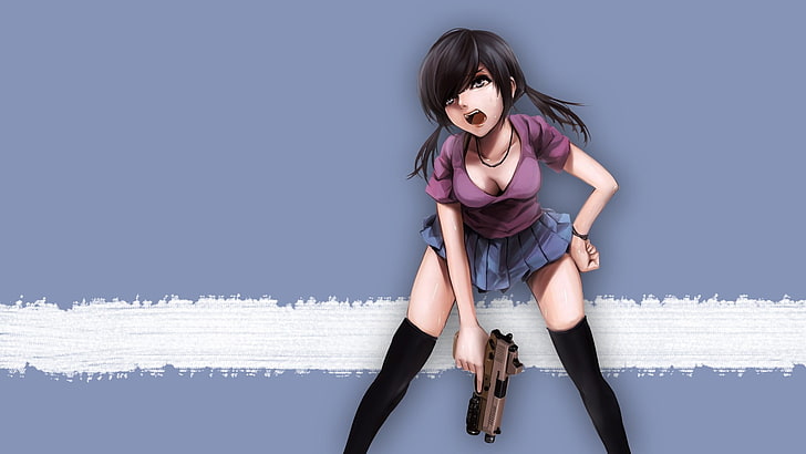 pistol, cleavage, anime girls, gun, women, fashion, young women, HD wallpaper
