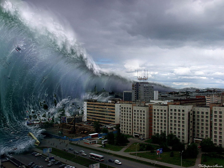 concrete highrise building, wave, Disaster, tsunami, water, storm, HD wallpaper