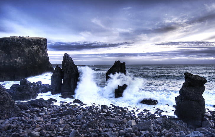 beach shore with rocks painting, Earth, iceland, hdr, surf, ocean