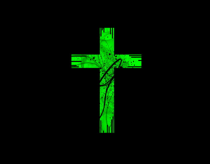 green and black cross, anime, black background, artwork, digital art