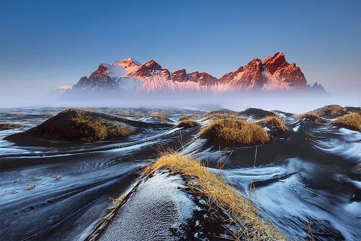 Iceland, Vestrahorn, mountains, morning, mist, lava, grass, HD wallpaper