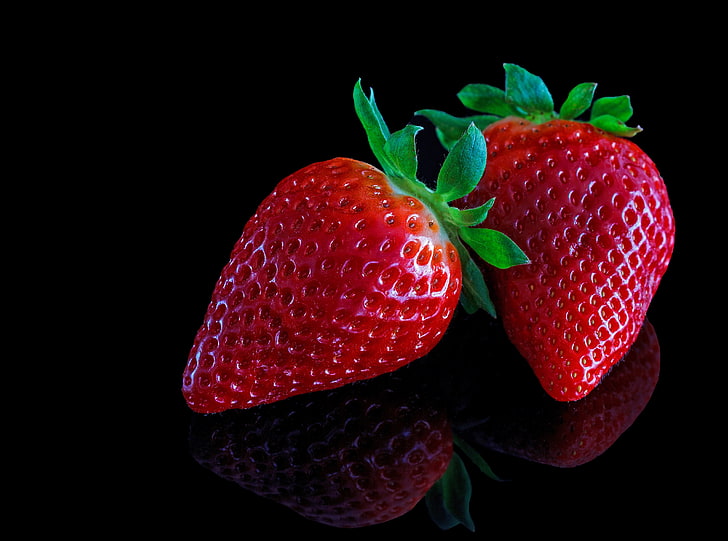 Strawberries On Black Background, two strawberry fruits, Food and Drink