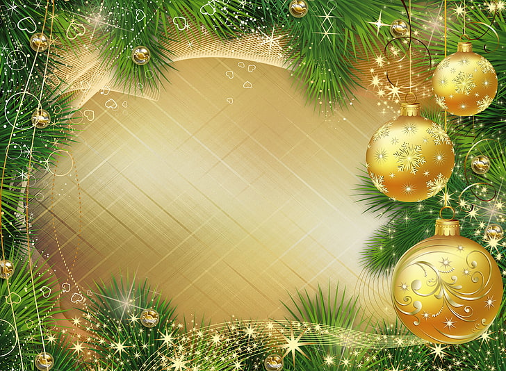 christmas garland and bauble boarder, balls, branches, graphics, HD wallpaper