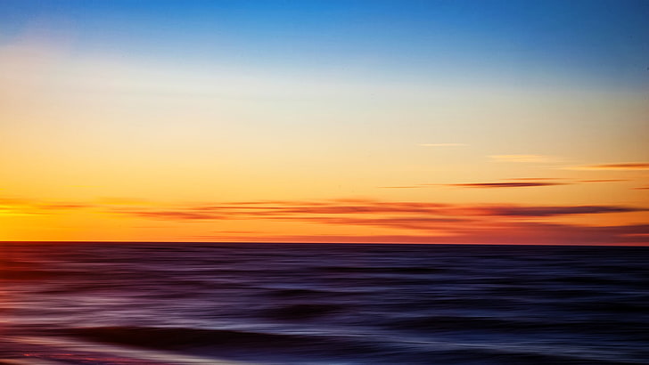 calm body of water, sea, blurred, sunrise, horizon, waves, sunset, HD wallpaper