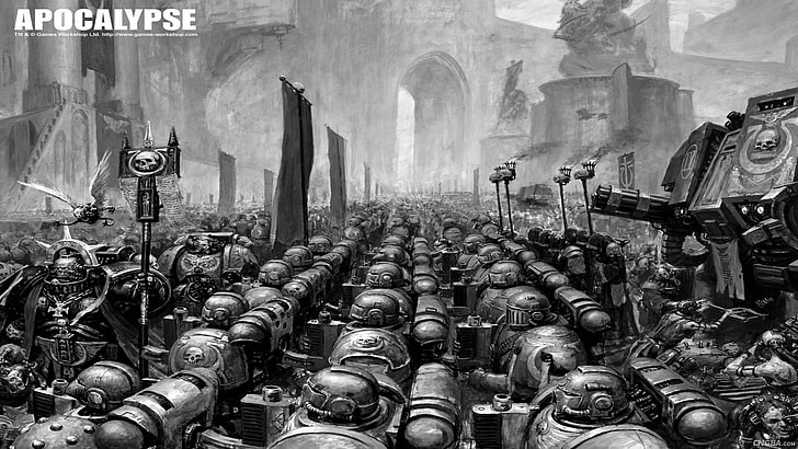 grayscale Apocalypse poster, space marines, Warhammer 40,000