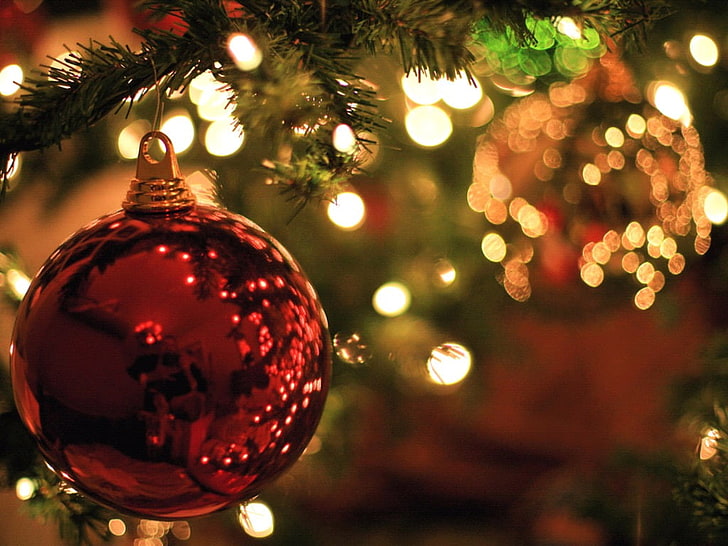 red bauble, lights, Christmas, Christmas ornaments , holiday, HD wallpaper