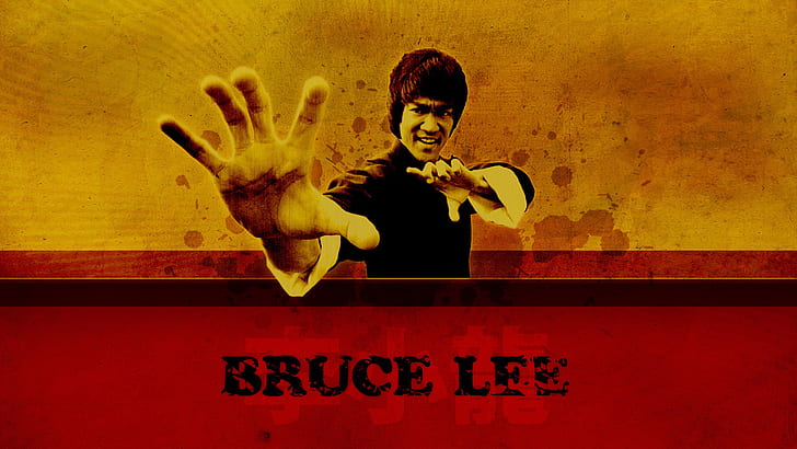 Bruce Lee Fighting HD, bruce lee, name, pose, red, yellow, HD wallpaper