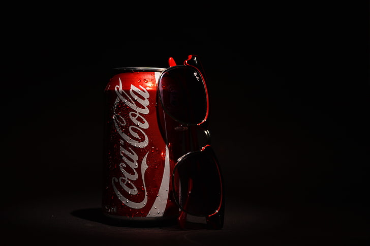 Coca-Cola, red, black background, indoors, studio shot, no people